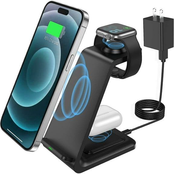 3 Pcs 3 in 1 Wireless Charging Station, Fast Desk Charger Station Fits for iPhone 16 15 14 13 12 Pro Max Plus, Charger Compatible with Apple Watch 10 9 8 7 6 5 4 3 2 SE, Airpods 4 3 2 Pro(black)