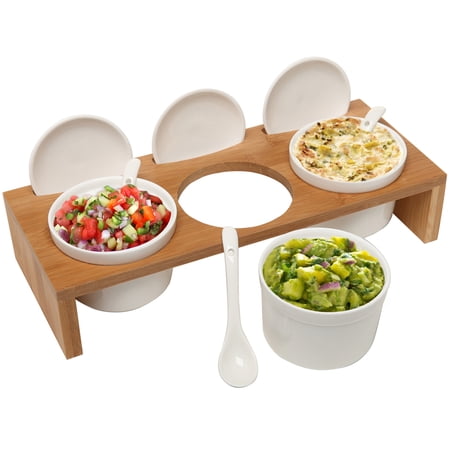 (3 Pcs) 3.5-Inch Ceramic Condiment Dip Sauce Ramekins Set w/ Lids & Spoons on Bamboo Sampler Serving Tray