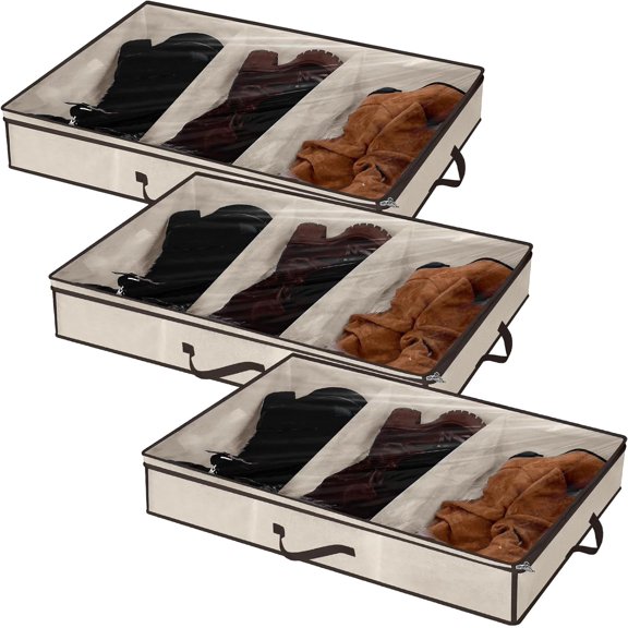 3 Pcs 3 Section Under Bed Shoe Storage Boot Bag Beige and Brown Underbed Shoe Organizer with Large Clear Pockets Fabric for Storage Men's and Woman's Boots