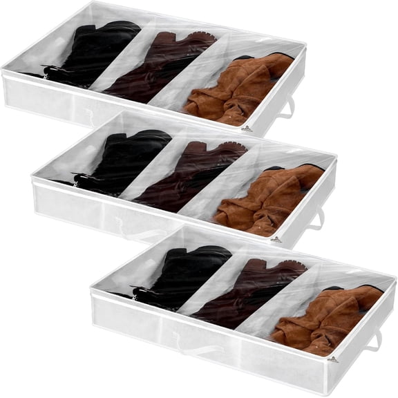 3 Pcs 3 Section Under Bed Shoe Storage Boot Bag White Underbed Shoe Organizer with Large Clear Pockets Fabric for Storage Men's and Woman's Boots