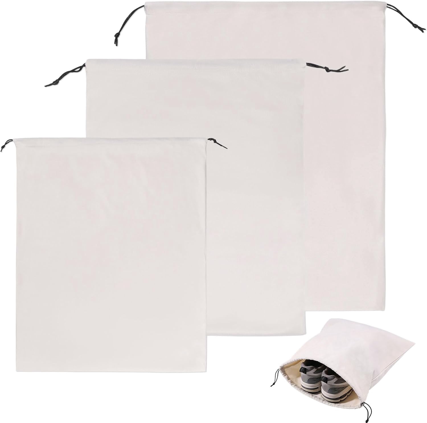 3 Pcs 3 Size Travel Shoe Bags for Packing 15.7''×11.8'' Shoe Storage Bag Dustproof Drawstring Travel Bags for Men and Women Travel Dorm Hotel College Gym, White