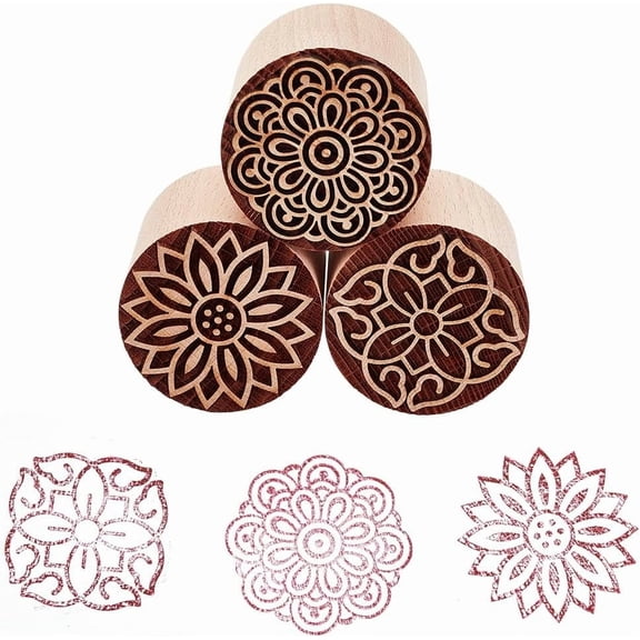 3 Pcs 3-Style Wood Stamp Flower Shape Wood Pottery Tools Stamps 2 Inch Column Flower Pattern Round Wood Stamp Natural Wood Stamp Kit for Scrapbooking and DIY Craft Letter Tiles Colorful