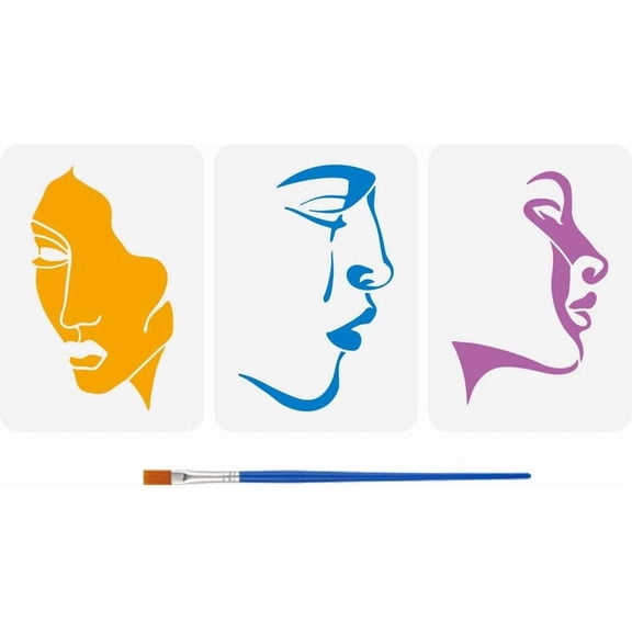 3 Pcs 3 Styles Abstract Face Painting Stencil with Brush 11.7x8.2inch Modern Minimalist Face Silhouette Painting Template Reusable Stencils Decoration Stencil