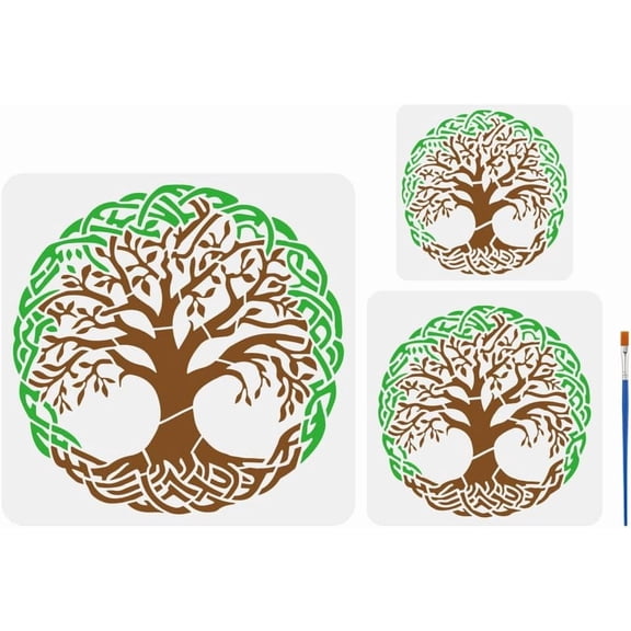 3 Pcs 3 Styles Tree of Life Painting Template with Brush Celtic Knot Painting Template Tree Painting Stencil Plant Stencil Reusable DIY Art Craft Stencil for Painting on Wood Floor Wall Colorful
