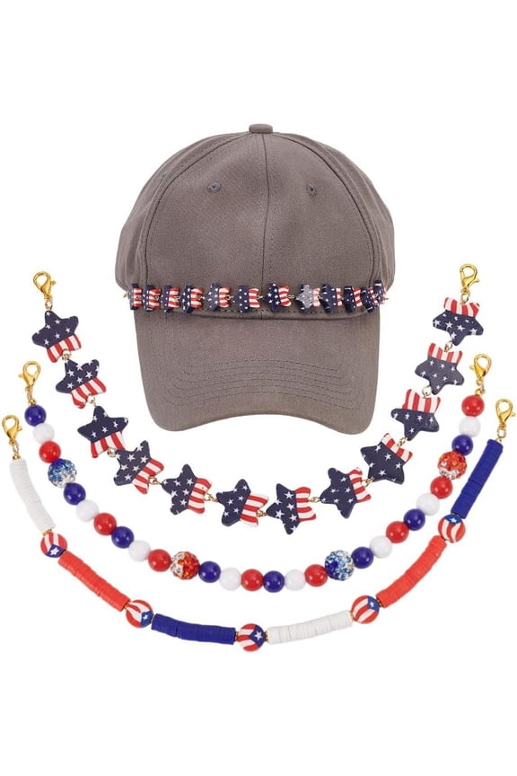 3 Pcs 3 Styles Trucker Hat Chains Beaded Chains American Flag Patriotic Stars Hat Bill Chains Fourth of July Hat Accessories for Mesh Baseball Caps Bill Hat Party Supplies