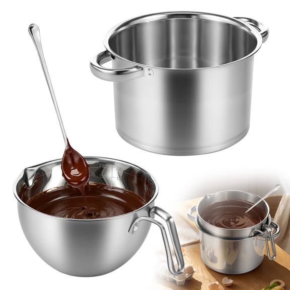 3 Pcs 304 Stainless Steel Double Boiler Pot Set 2.54QT & 1.8QT Melting Pot with Pour Spout and Scale Spoon for Chocolate Butter Wax Candy