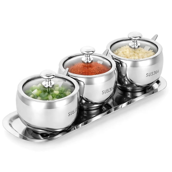 3 Pcs 304 Stainless Steel Spice Jars with Tray and Spoons, Glass Lid Seasoning Containers for Kitchen Countertop Salt Sugar Pepper Storage Organizer