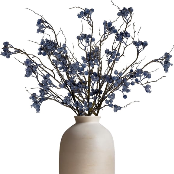 3 Pcs 32 Inch Artificial Spring Blueberry Stems Faux Blueberry Picks Fake Village Blue Berry Branch Floral Arrangement Decor Long Blue Berry Stem for Spring Summer Vase DIY Craft