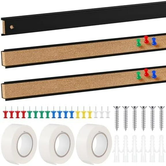 3 Pcs 36'' x 1" Cork Board Strips for Wall, Bulletin Bar, Tack Board With Aluminum Trim - Brown Cork Strips for Classroom, Office Walls, Cubicle$$Office