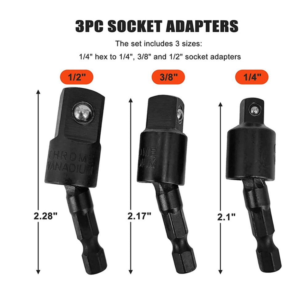 3 Pcs 360° Rotatable Electric Drill Socket Adapter for Driver 1/4 3/8 1 ...