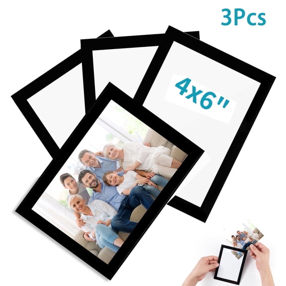 Magnetic Photo Frames 4"X6" for Fridge – Family Picture Display Sleeves for Kitchen Decor, Kids Art, Holiday Cards and Memory Wall, Strong Full-Back Magnet Holders, 3 Pack Black