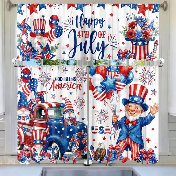 3 Pcs 4th of July Patriotic Kitchen Curtains Set, Red White Blue Valances & Tiers, Happy 4th of July Memorial Day 250th Anniversary Window Decor Star Truck Curtains for Independence Day