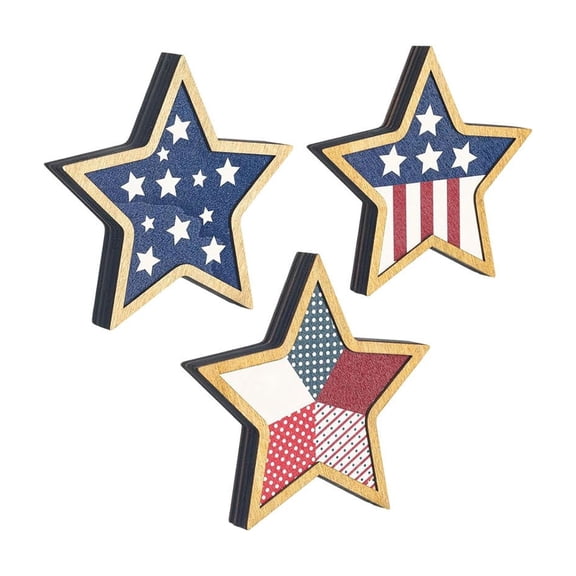 3 Pcs 4th of July Wooden Star Signs,Rustic Memorial Day Tiered Tray Decor, American Patriotic Table Decoration for Home Kitchen
