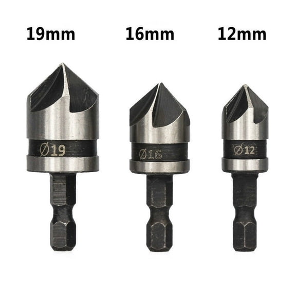 3 Pcs 5-Flute Countersink Drill Bits Set for Woodworking, Carbon Steel Chamfering Tool with 1/4" Hex Shank for Soft Metals