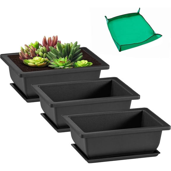 3 Pcs 6.5 Inch Bonsai Pots with Drainage Humidity Trays & 1 Repotting Mat, Durable Bonsai Tree Training Pot Rectangle Planter Kit Seedling Starter Small Indoor Outdoor Growing Built in Mesh