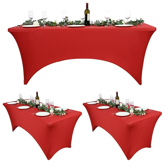 3 Pcs 6 Ft Red Stretch Spandex Tablecloth, Stretchable Elastic Table Cover, Rectangular Anti-Wrinkle Tight Fit Washable Tablecloth, Cocktail Table Cover for Wedding, Banquet, Exhibitions, Party