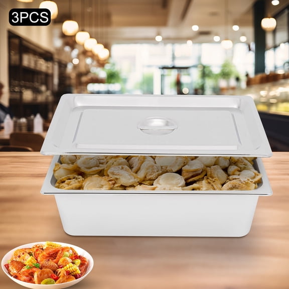 3 Pcs-6 Inch Deep Steam Table Pans With Lid Full Size Stainless Steel Hotel Pan Silver Rectangular