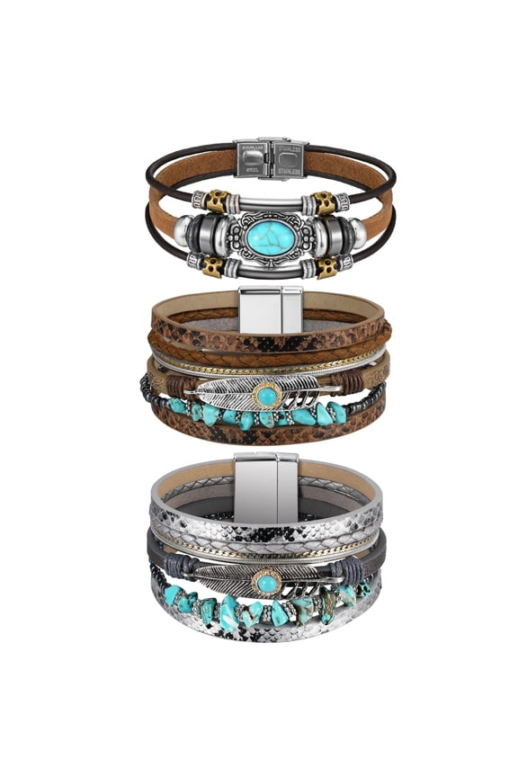 3 Pcs 7.87 inch leather Turquoise Bracelet for Women Leather Bracelet Western Jewelry for Women Silver Bohemian Turquoise Cuff Bangle Beauty & Personal Care