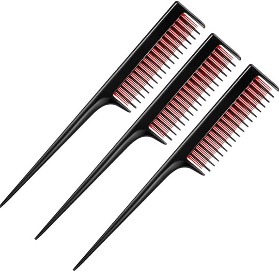 3 Pcs 8 Inch Triple Teasing Comb Rat Tail Comb with Pick for Women Styling Parting Lightweight Sectioning Fine Tooth Backcombing Combs Add Volume(Black and Red)