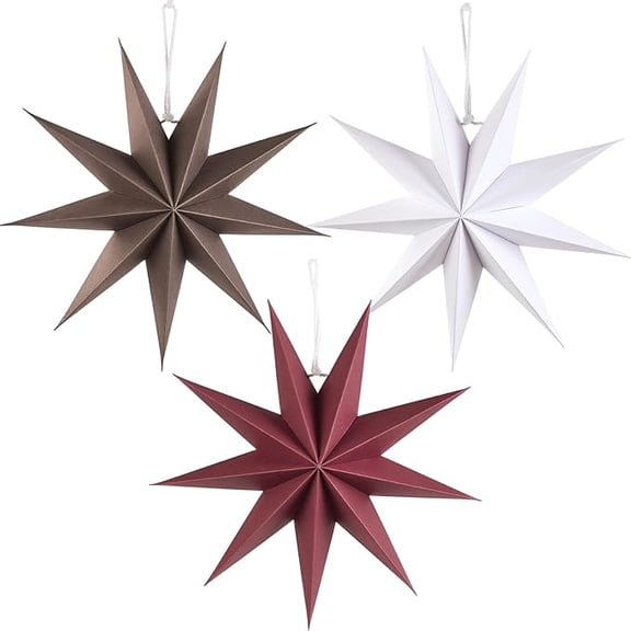 3 Pcs 9-Pointed Brown Burgundy White Paper Star Lanterns 12 Inch Christmas Hanging Lamp Rustic Paper Decorations Shade Wedding Birthday Christmas Home Party Decorations