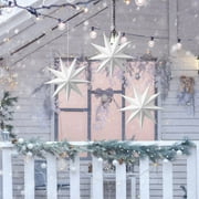3 Pcs 9-Pointed White Paper Star Lanterns, 12 Inch Hanging Lampshade Wedding Birthday Christmas Home Party Decoration, Red