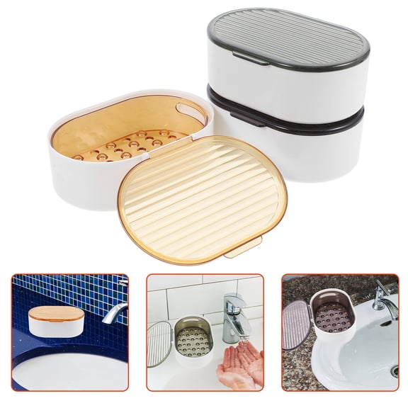 3 Pcs Abs Double Layer Drain Soap Dish Storage Box Bracket Transparent Lid Travel
