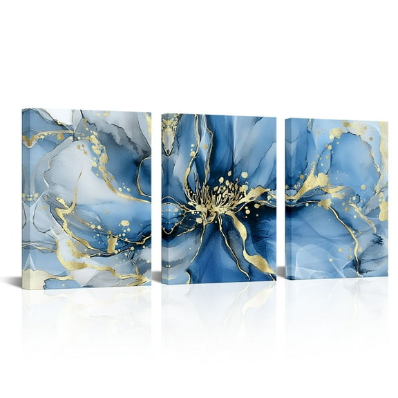 3 Pcs Abstract Canvas Wall Art for Living Room, Wall Decor for Bedroom, Blue Gold Marbling Pictures for Bathroom Wall Decoration, Painting Set for Office, Home Decor for Wall
