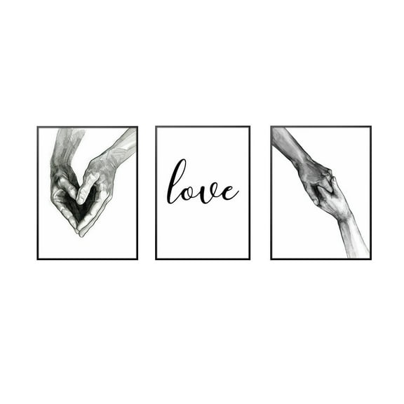 3 Pcs Abstract Love Quote Wall Decor Painting Modern White And Grey Holding Hands Heart Canvas Art Poster for Bedroom Living Room Home Decor Aesthetic