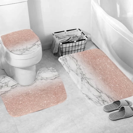 3 Pcs Abstract Marble Stone Pink Bath Rugs Set,Bath Rug Mat + Contour Mat + Toilet Seat Cover, Super Soft Rugs