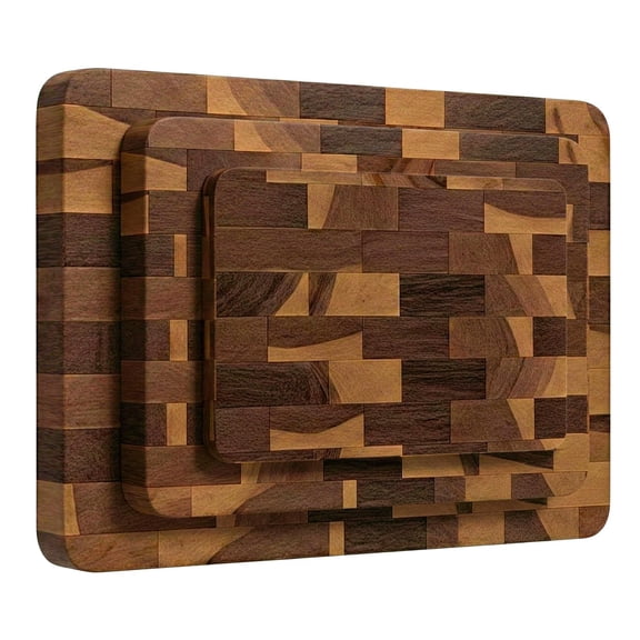3 Pcs Acacia Wood Cutting Board, Wooden Cutting Boards for Kitchen, Reversible Wooden Chopping Board, End Grain Cutting Board, Built-In Handles, Wooden Trays for Meat, Fruit Vegetable and Cheese