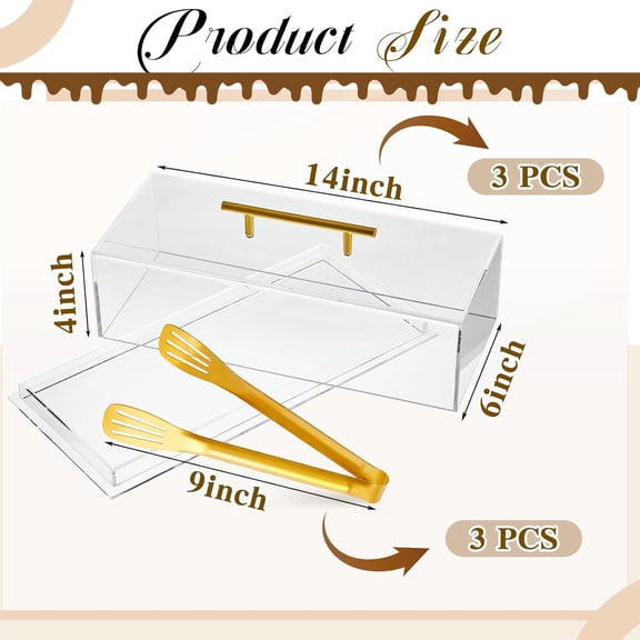 3 Pcs Acrylic Bakery Pastry Display Case with 9'' Serving Tong 14"x6"x4" Rectangular Clear Acrylic Serving Tray Dessert Cake Tray with Lid for Party Banquets