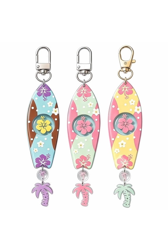 3 Pcs Acrylic Surfboard Keychain Set, with Tropical Hibiscus and Palm Tree Designs, for Daily Use, Travel, Dorm, and Office Occasions