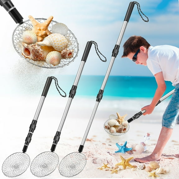 3 Pcs Adjustable Handle Shark Tooth Sifter for Beach, Metal Sand Shovel for Shells, Sand Scoop Shell Scooper Sifting Collecting Tools for Seaside Grooming Hunting Cat Litter (22"-41.3")