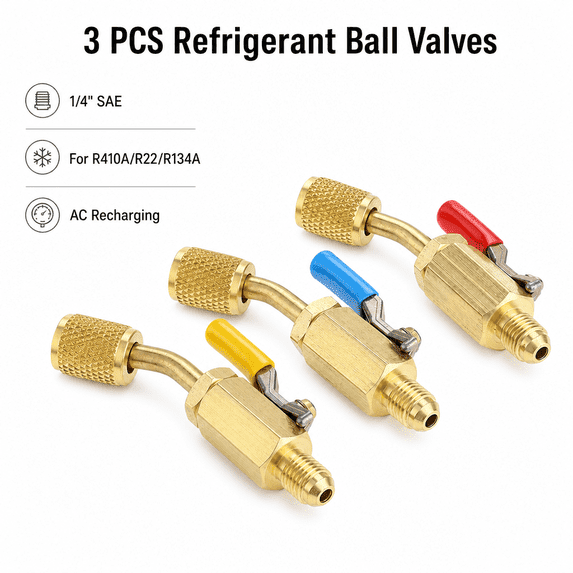 HVAC Refrigerant Ball Valve Set, 3-Pack 1/4" SAE Angled Manual Shut-Off Valves for R410A, R134A, R12, R22 Charging Hoses, Low Loss Fittings