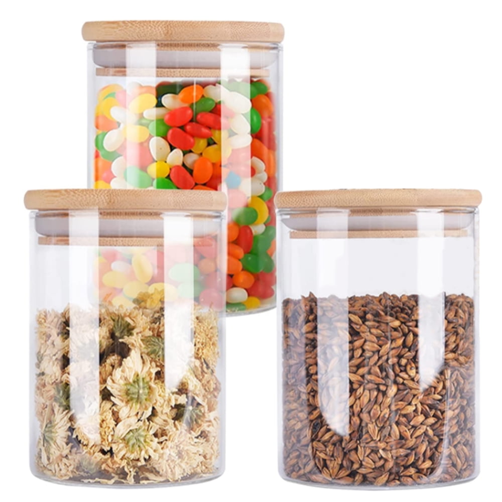 3 Pcs Airtight Glass Storage Containers with Bamboo Lid , 30 oz Kitchen Pantry Storage Jar for
