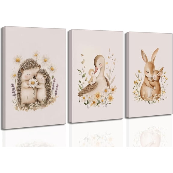 3 Pcs Animal Nursery Canvas Wall Art Watercolor Baby Animals with Wildflowers Painting Picture Wall Decor Cute Rabbit Hedgehog Duck Nursery Paintings Artwork for Kids, Baby Room Home Decoration