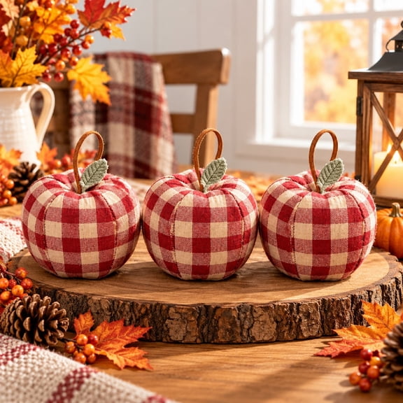 3 Pcs Artificial Fabric Apple Decor, Vintage Plaid Cloth Fruit Ornament, Soft Fall Fake Apple Decoration for Farmhouse Bedroom Living Room Home Decor(Red)