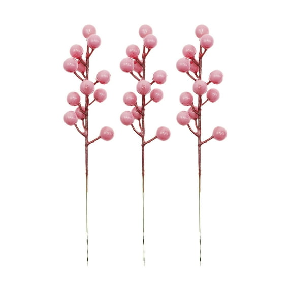 3 Pcs Artificial Holly Fruit Stems, 22cm Pink 5-Pronged Plastic Flower Picks for Vase, Christmas Decorations, Home and Party Décor