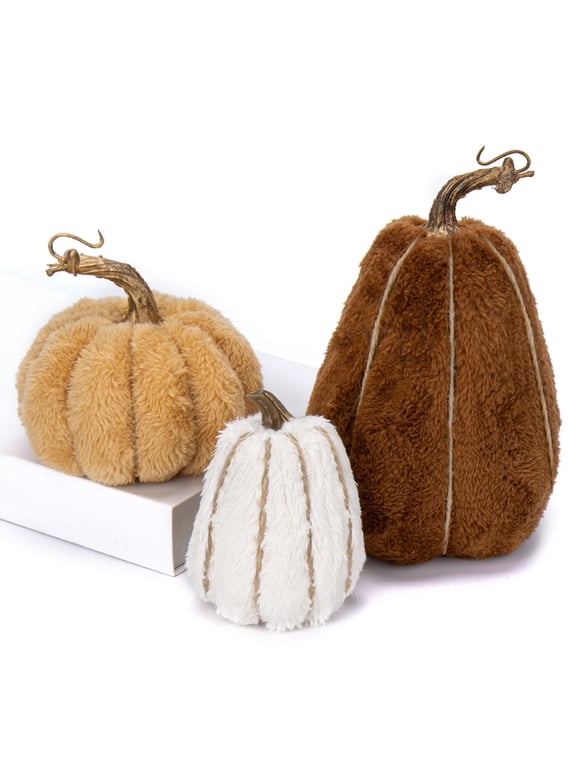 3 Pcs Artificial Pumpkins Decoration Set Sherpa Pumpkins Assorted Small size Fake Fall Pumpkin Harvest Table Centerpiece