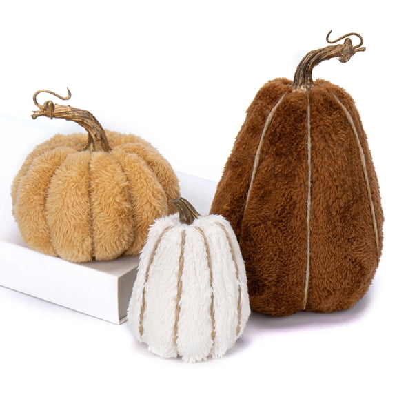 3 Pcs Artificial Pumpkins Decoration Set Sherpa Pumpkins Assorted Small size Fake Fall Pumpkin Harvest Table Centerpiece