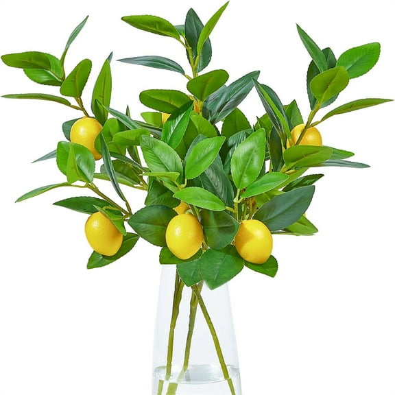 3 Pcs Artificial Yellow Lemon Branches,Faux Plastic Lemons Tree Stems,Fake Lemon Branch with Green Leaves,Realistic Plastic Greenery for Vase Planter Garden Kitchen Table Decor By TGY