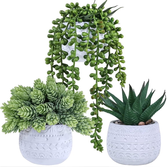 3 Pcs Assorted Small Potted Succulent Plants Artificial Aloe Hanging Succulent in White Geometric Concrete Ceramic Pots for Gift Party Wedding Favors Windowsill Table Shelf Indoor Outdoor Decor