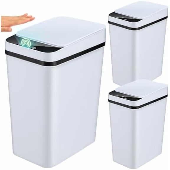 3 Pcs Automatic Bathroom Trash Can with Lid 3 Gallon Touchless Motion Sensor Small Slim Garbage Can Smart Electric Narrow Waterproof Garbage Bin for Kitchen Bedroom Office Toilet, White$$Storage