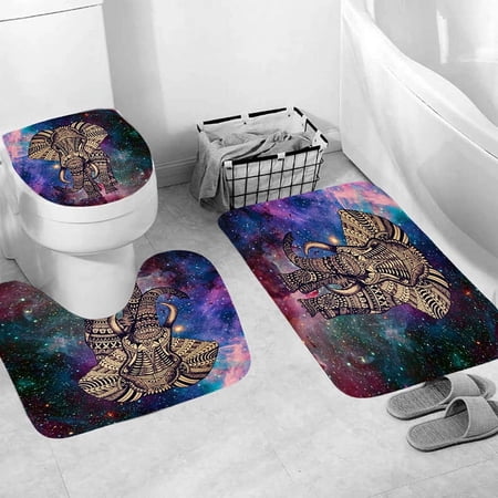 3 Pcs Aztec Elephant on Space Galaxy Bath Rugs Set,Bath Rug Mat + Contour Mat + Toilet Seat Cover, Super Soft Rugs