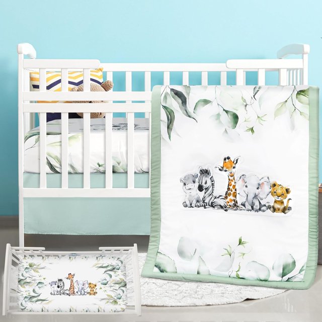 3 Pcs Baby Crib Bedding Set Baby Safari Animals Crib Bedding Set ...
