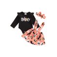 thumbnail image 1 of 3 Pcs Baby Girls Halloween Outfits, Letter Print Fly Sleeve Romper + Pumpkin  Skull Print Suspender Skirt + Bow Headband, 1 of 9