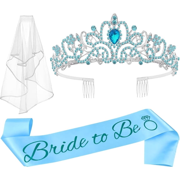 3 Pcs Bachelorette Party Decorations Bridal Shower Crown, Bride to Be Sash&Veil for Women Bachelorette Party Gifts, Bachelorette Party Supplies, Gifts, Favors (Blue)