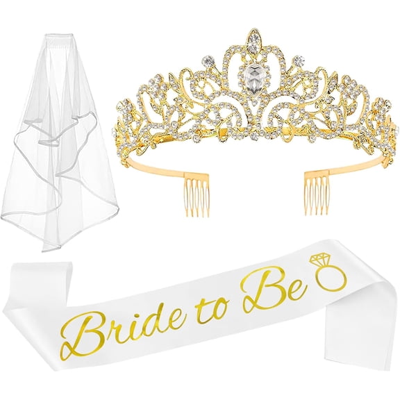 3 Pcs Bachelorette Party Decorations Bridal Shower Crown, Bride to Be Sash&Veil for Women Bachelorette Party Gifts, Bachelorette Party Supplies, Gifts, Favors (Gold)