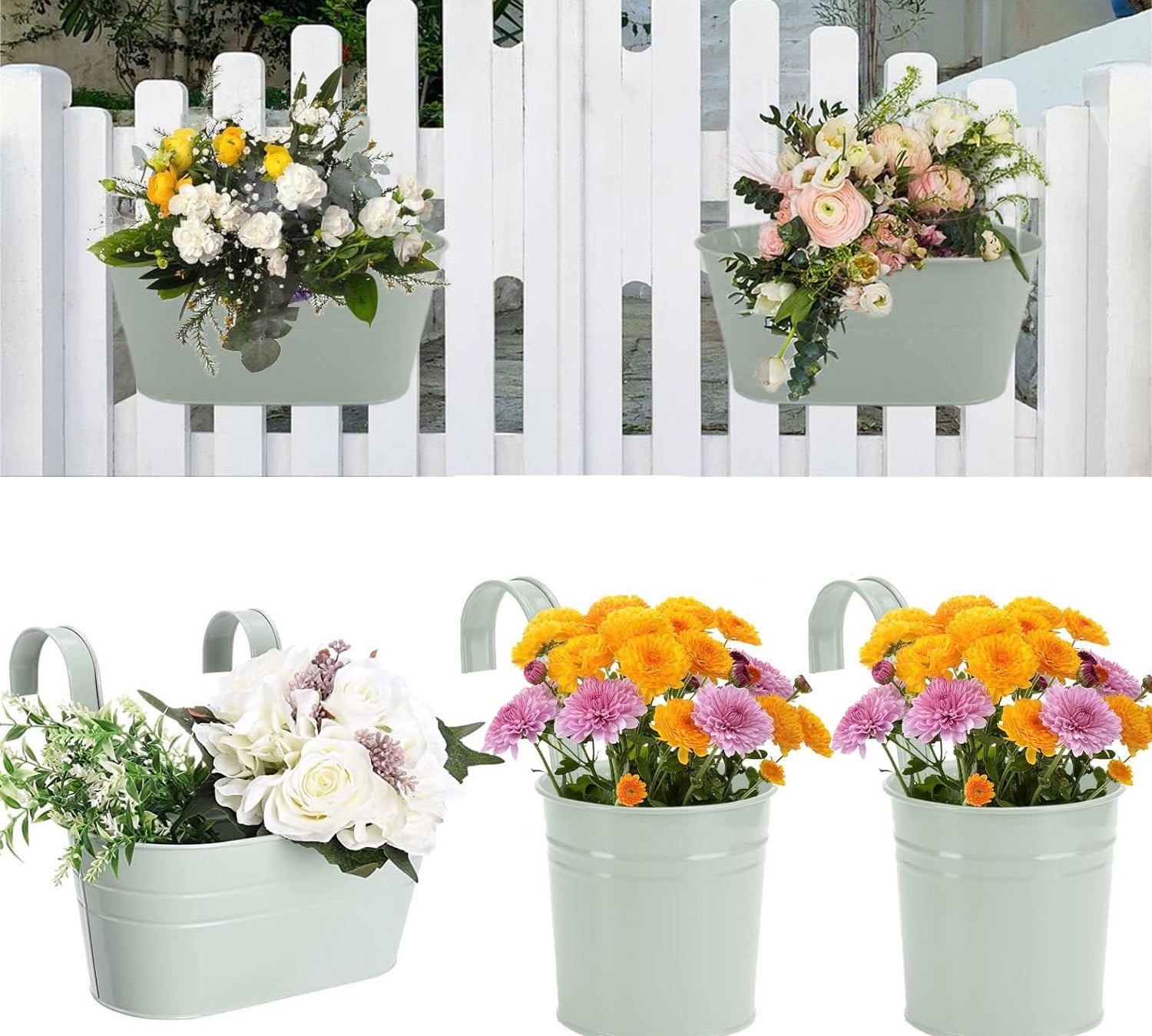 3 Pcs Balcony Planters Railing,Hanging Metal Iron Plant Pots,Hanging Flower Pots for Garden,Round Planter Holder with Detachable Hooks for Indoor Outdoor Balcony Window Wall Fence Decoration