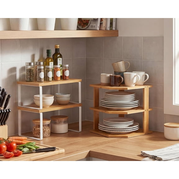 3 Pcs Bamboo Cabinet Organizer Shelf Stackable Corner Rack for Kitchen Counter Storage